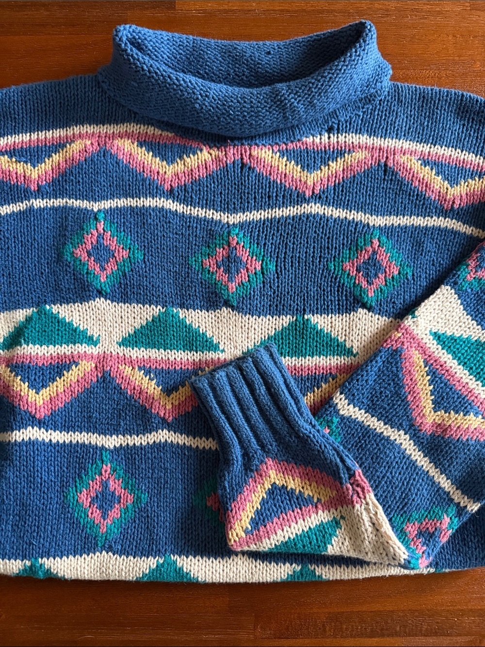 Vintage Marina Blue Geometric Pattern Mock Turtleneck Sweater